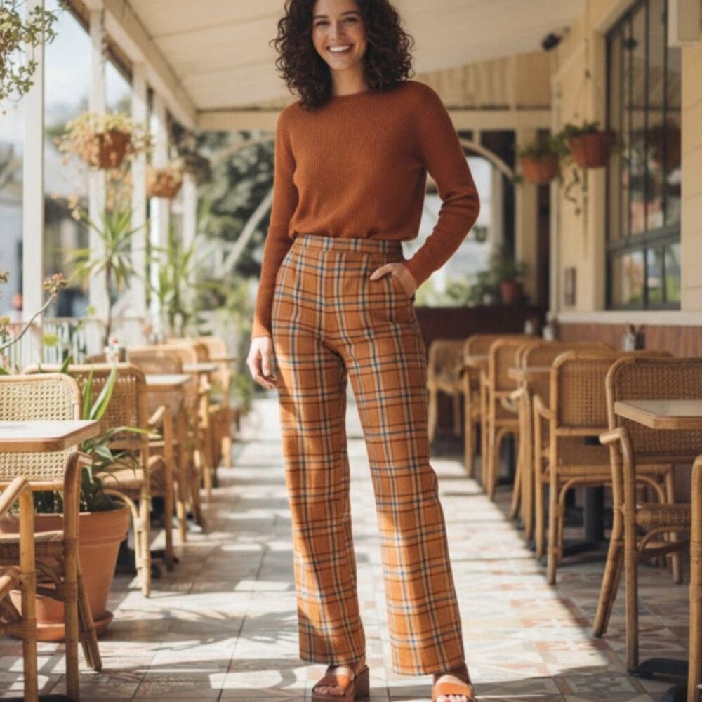 Vintage 70s Inspired Plaid Trousers Orange Womens S/M Academia